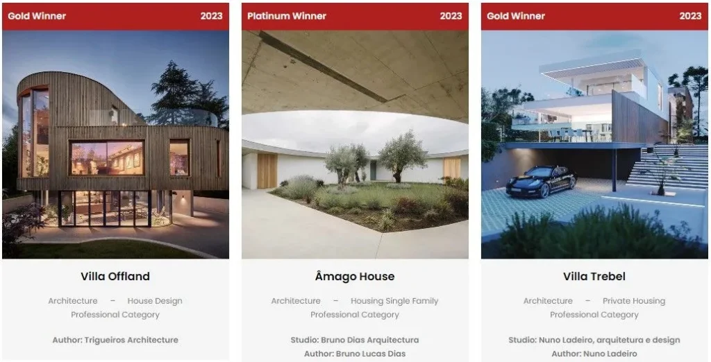 Tres proyectos arquitectónicos premiados: Lucky Deer Club, complejo Shenzhen PinShan y sede central de Nok en Tokio, con detalles y autores listados.