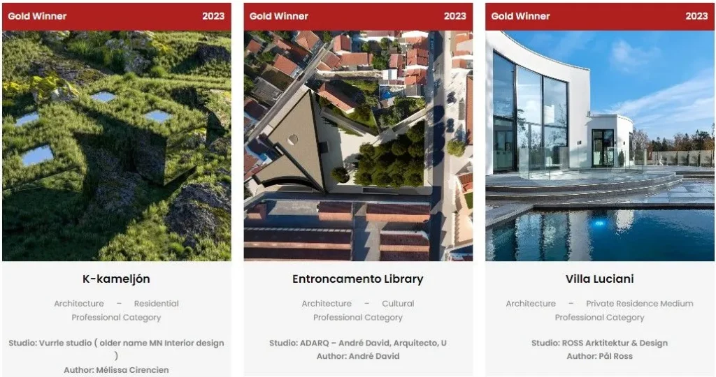 Tres casas premiadas: Villa Offland, Ámago House y Villa Trebel, que exhiben diseños arquitectónicos innovadores de 2023.